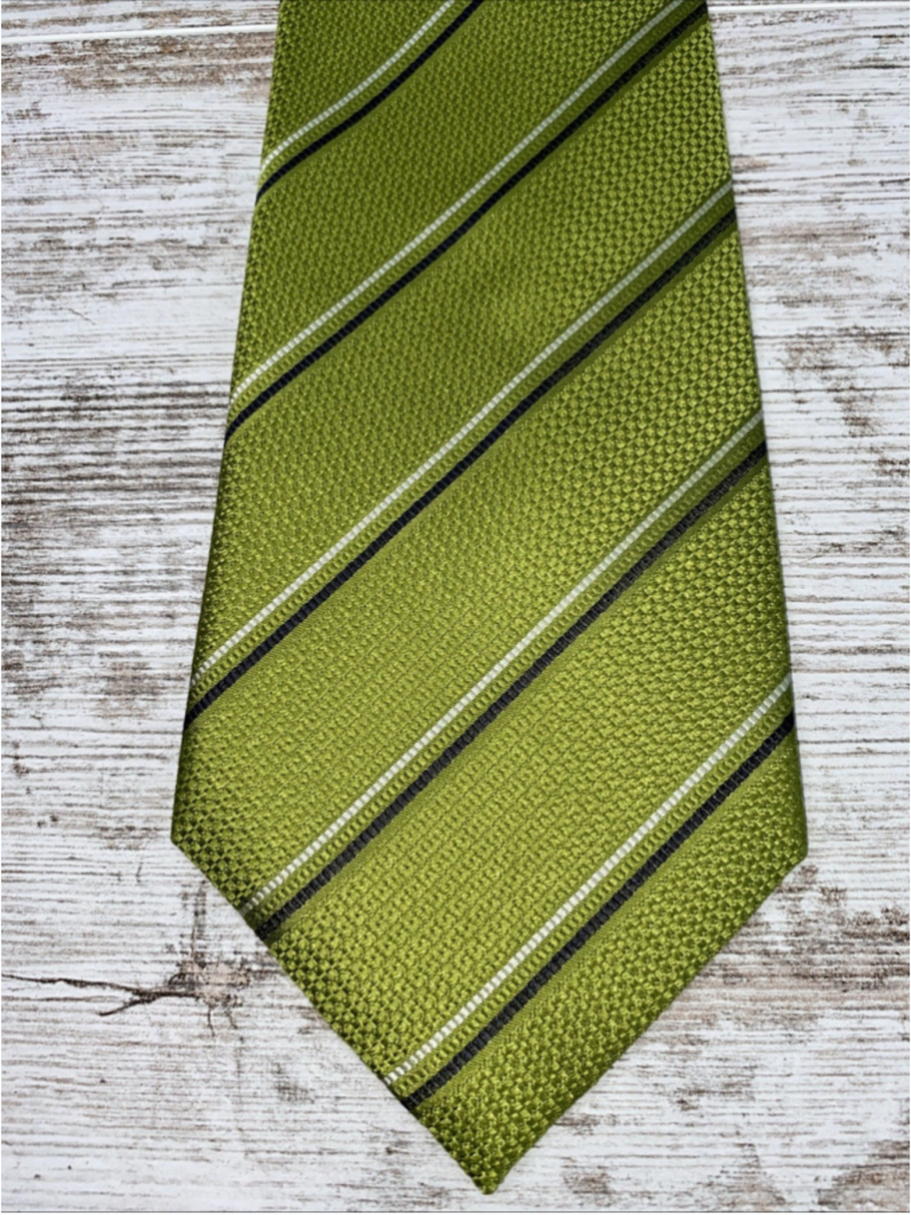 Vintage Belisi 100% Silk Necktie Lime Green Navy Stripe Textured Wide 57x4